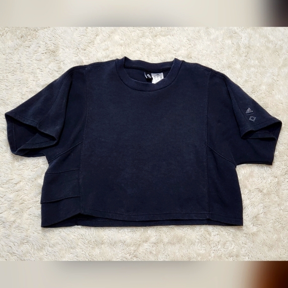 Adidas Cropped Wanderlust Thick Short Sleeve Black Shirt Sz Small Side Pocket - Picture 3 of 13